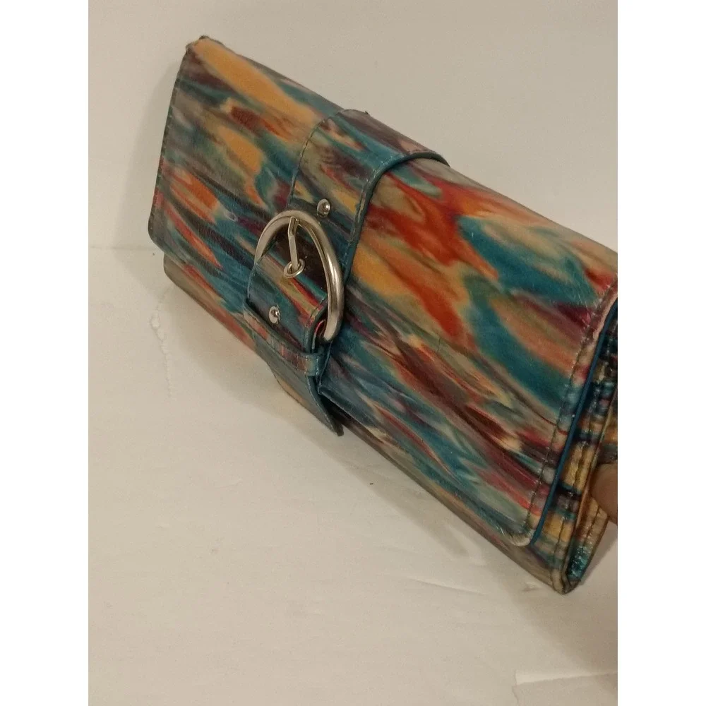Multicolor Abstract Brushstroke Wristlet Clutch with Buckle Detail and ID Window